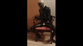 Latex Sissy vibrates in self bondage with chastity and breathplay